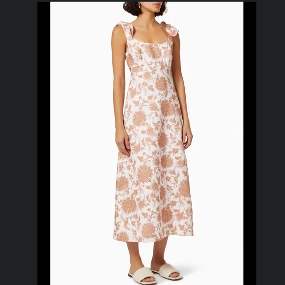 ZIMMERMANN Postcard Linen Tie Shoulder Midi Dress Sz 0 Tan Floral Open Back - Picture 6 of 16